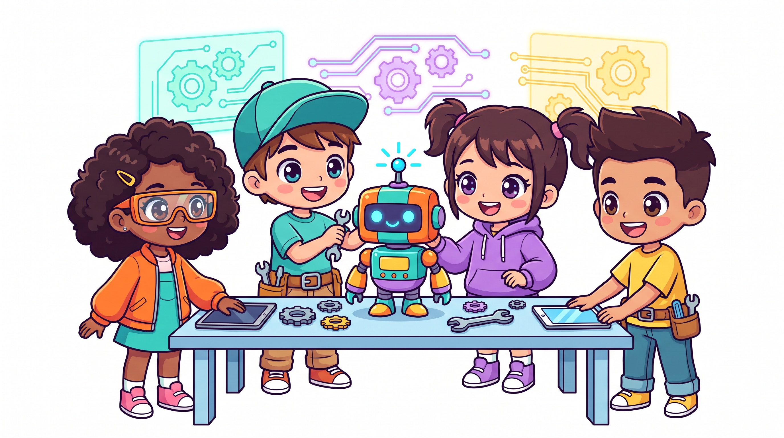 Illustration of diverse kids building a colorful robot together